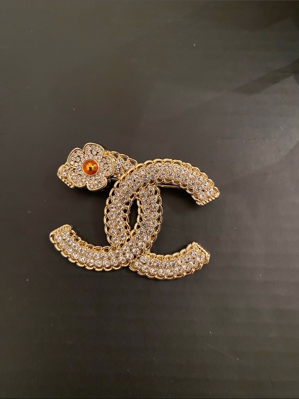 Fashion Jewelry Gold Crystal Double C Brooch with Flower Accent
